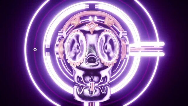 Footage for Dia de los Muertos. Mexican day of the dead with 3d skulls sugar and neon light. Video animation for Halloween party with violet colour and black background
