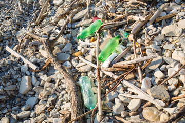 plastic pollution of Black sea. bottles of garbage on coast. environmental protection