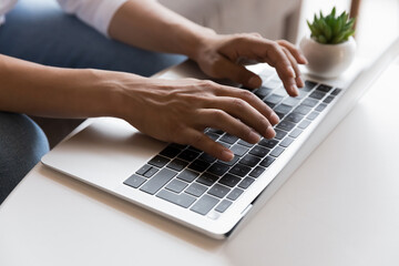 Young freelancer woman working at computer at home, using laptop, typing on keyboard cropped shot....