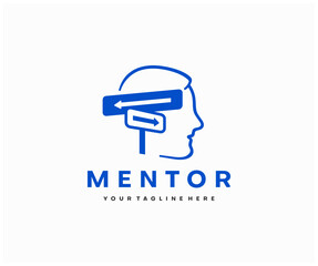 Mentoring and coaching logo design. Man thinks what strategy to choose vector design. Human head and signpost logotype