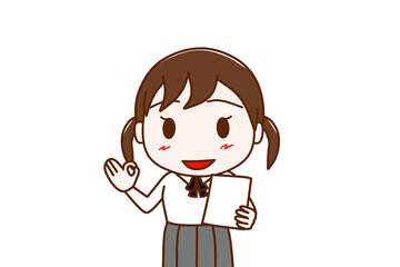 （上半身正面）書類を見て笑顔でバッチリの手をする女子学生