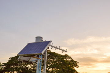 Solar cell towers against bright blue sky clean energy concept...Solar cell towers against bright...