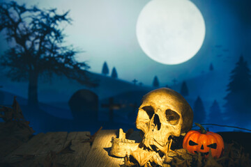 Spooky cemetery with glow halloween pumpkin