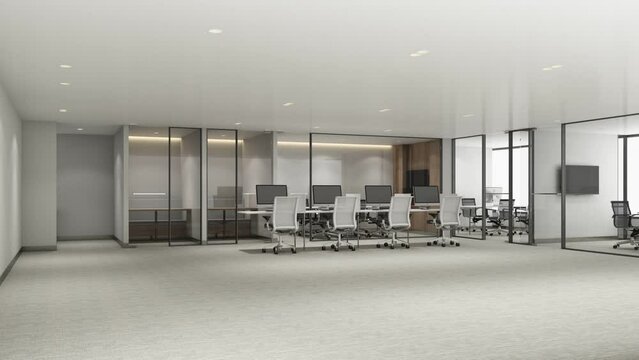 Build up stop motion animation Working area in modern office with carpet floor and meeting room. with sun daylight and working table. interior 3d rendering