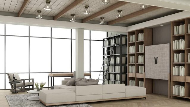living area and bedroom modern style with wooden tones with seating and bed gray fabric and white wall decoration. large windows high ceilings on parquet floors. View from 1st to 2nd floor. 3d render