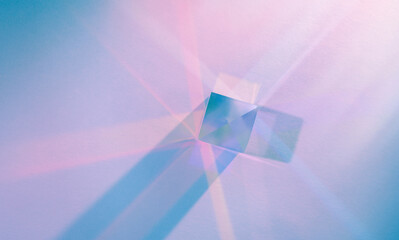 Glass cube with color spectrum rays. Abstract background with reflection and refraction of light....