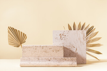 Abstract modern still life. Natural materials. Composition of palm leaves, travertine and concrete...