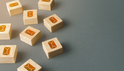 Scattered blocks of envelopes and messages. Correspondence. Management, sorting and automation of...