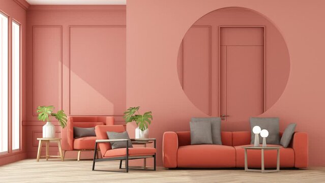 build up stylish classic style living room interior of modern apartment and trendy furniture, pink sofa on parquet wooden floor and elegant accessories. Home decoration, 3D rendering animation looped