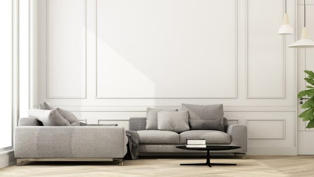 build up stylish classic style living room interior of modern apartment and trendy furniture, gray sofa on parquet wooden floor and elegant accessories. Home decoration, 3D rendering animation looped