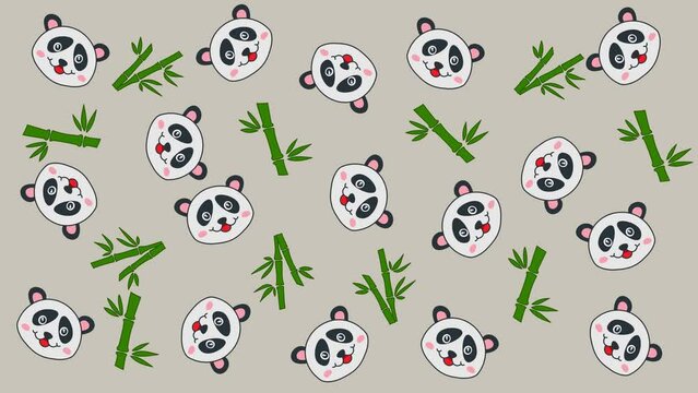 Several pandas with bamboos in random movements on a gray and green background - animation