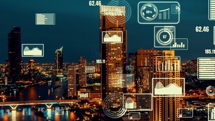 Business data analytic interface fly over smart city showing alteration future of business intelligence. Computer software and artificial intelligence are used to analyze big data for strategic plan .