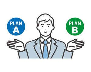 AとBを提案する若いビジネスマン　比較して説明