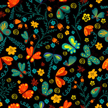 Cute background butterflies and flowers seamless pattern. Vector illustration. Summer floral repeat dark background for fabrics or wallpapers.