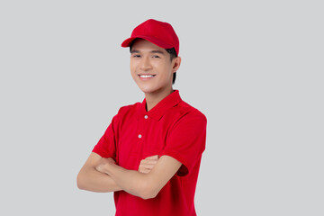 Young asian man in uniform red and cap standing arms crossed with confident isolated on white...