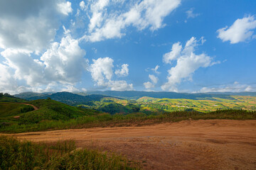 Rural roads and mountains in Asia,panoramic view of the mountains and the beautiful sky,Panoramic view of colorful sunrise in mountains.