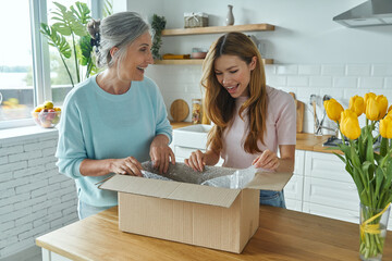 Cheerful senior woman and her adult daughter unpacking box while standing at the domestic kitchen