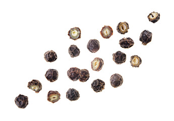 Peppercorns and halves flies on a white background. Isolated