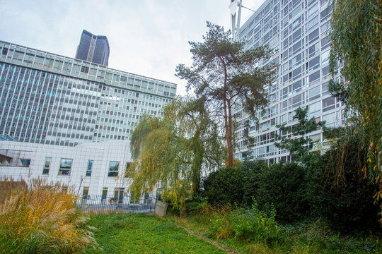Amazing gardening in park on the roof of Montparnasse train station . Interesting project  in Paris    - garden path on a pillars!