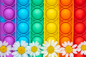 Close-up of a pop-it toy and a chamomile flowers. Summer and rainbow concept. Colorful background and copy space.