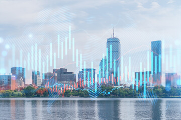 Skyscrapers Cityscape Downtown View, Boston Skyline Buildings. Beautiful Real Estate. Day time. Forex Financial graph and chart hologram. Business education concept.