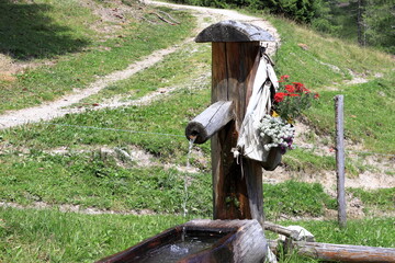 A watering hole with running clean water. A wooden pipe. Decorated with flowers. Trough with water.