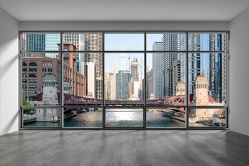 Downtown Chicago City Skyline Buildings from Window. Beautiful Expensive Real Estate. Epmty office room Interior Skyscrapers, River walk, bridge, waterfront view. Cityscape. Day time. 3d rendering. - obrazy, fototapety, plakaty