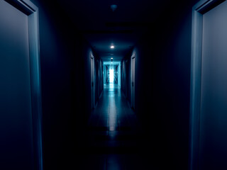 Dark mysterious corridor in building. Door room perspective in lonely quiet building with light on blue, monotone style. horror landscape concept.