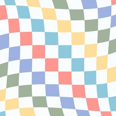 Twisted checkered colorful background. Retro wavy psychedelic checkerboard. Abstract.