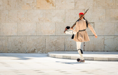 Greek guards or Evzones members of the Presidential Guard outside the Hellenic Parliament dressed...