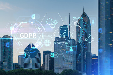 Fototapeta premium Chicago skyline from Butler Field to financial district skyscrapers at sunset, Illinois, USA. Parks and gardens. GDPR hologram, concept of data protection regulation and privacy for individuals