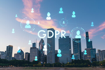 Chicago skyline from Butler Field to financial district skyscrapers at sunset, Illinois, USA. Parks and gardens. GDPR hologram, concept of data protection regulation and privacy for individuals