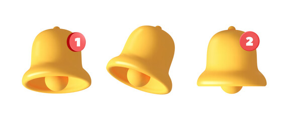 Collection of 3d vector yellow notification bell with red round new message icon design. Social media notice or alert event reminder, notification message concept art.