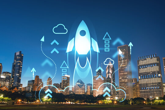 Chicago skyline from Butler Field to financial district skyscrapers, night time, Illinois, USA. Parks and gardens. Startup company, launch project to seek and develop scalable business model, hologram
