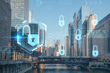 Fototapeta na wymiar Panorama cityscape of Chicago downtown and Riverwalk, boardwalk with bridges at sunset, Illinois, USA. The concept of cyber security to protect companies confidential information, hologram