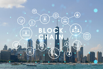 City view of Downtown skyscrapers of Chicago skyline panorama over Lake Michigan, harbor area, day time, Chicago, Illinois, USA. Decentralized economy. Blockchain, cryptography concept, hologram