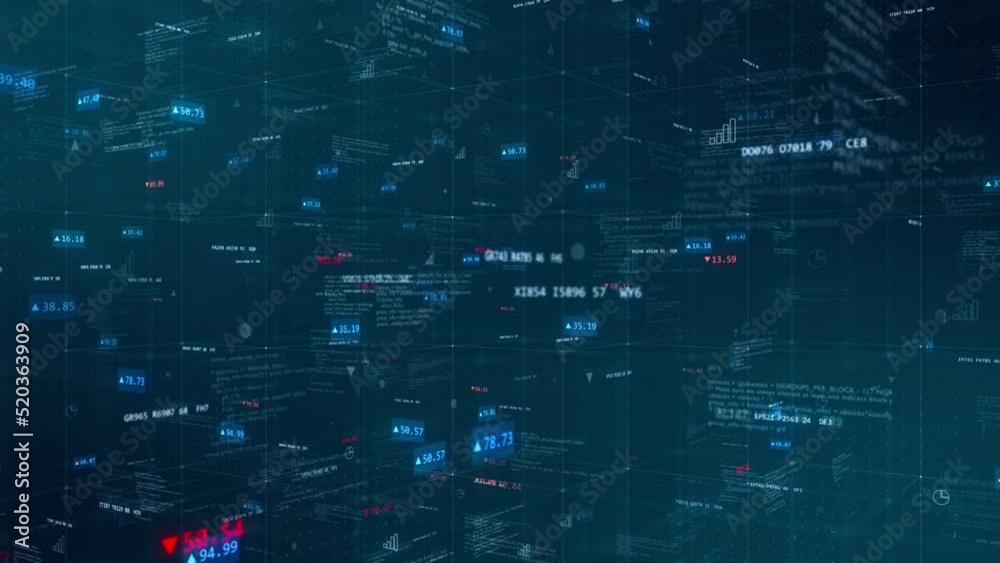 Wall mural motion graphic of red and blue digital number investment and technology icon with program code levit
