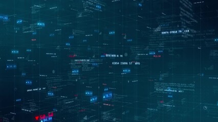 Motion graphic of Red and Blue digital number investment and technology icon with program code levitation on futuristic technology abstract background concept - Powered by Adobe