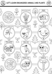 Ecological black and white dice board game for children with endangered animals and plants. Earth day line boardgame. Printable activity or worksheet. Eco awareness coloring page
