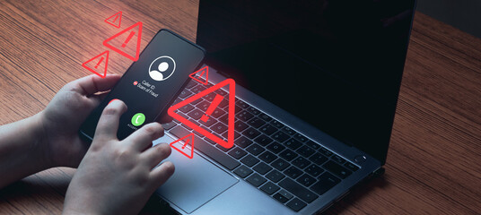 Banner of woman using laptop while receiving an unwanted call. Spam, scam, phishing and fraud concept. Security technology.