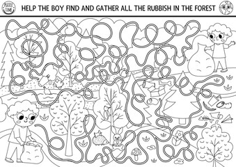 Ecological black and white maze for children with kid gathering garbage in forest. Earth day preschool activity. Eco awareness labyrinth game, puzzle. Nature protection printable coloring page
