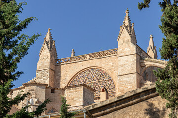 Fototapeta na wymiar Palma de Mallorca, Spain. Facade and rose window called Ojo del Gotico (Gothic Eye) of the Santa Maria Cathedral