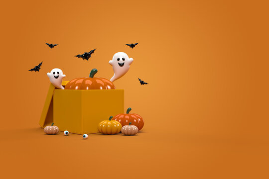 Realistic orange pumpkin in a gift box decorated with Halloween elements for background, poster, banner, and flyer with copy space. 3D rendering.