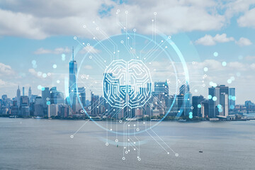 Fototapeta na wymiar Aerial panoramic helicopter city view of Lower Manhattan and Downtown financial district, New York, USA. Artificial Intelligence concept, hologram. AI, machine learning, neural network, robotics