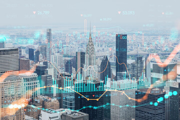 Aerial panoramic city view of Upper Manhattan, East Side, river and Brooklyn on horizon, New York city, USA. Forex graph hologram. The concept of internet trading, brokerage and fundamental analysis
