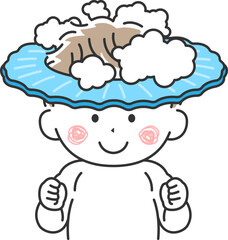 シャンプーハットをつけて、髪を洗う子どものイラスト