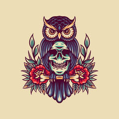 Owl And Skull Retro Illustration