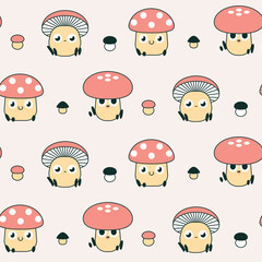 Seamless pattern with cute cartoon mushrooms, funny line fly agarics isolated on white background. Vector illustration.