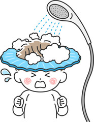 シャンプーハットをつけて、シャワーで髪を洗う、泣いている子どものイラスト