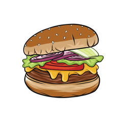 Delicious Cheese Burger Hamburger. Colorful hand drawn cheeseburger, fast food vector illustration Isolated on white Background